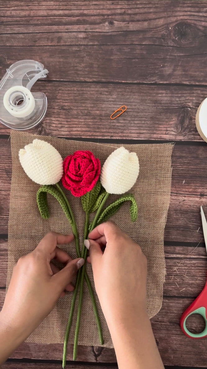 Crochet Red Rose & White Tulip Bouquet — Rose to the Occasion