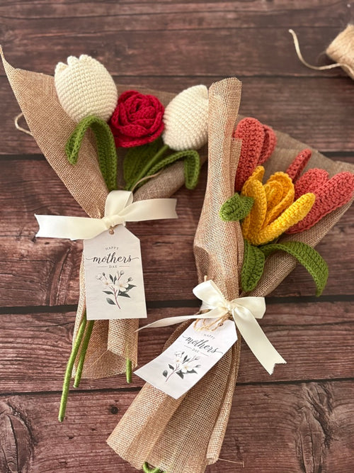 Crochet Coral & Sunshine Open Tulip Bouquet — 'Reef in Love'