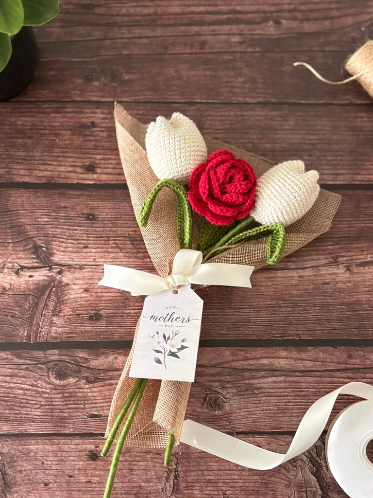 Crochet Red Rose & White Tulip Bouquet — Rose to the Occasion