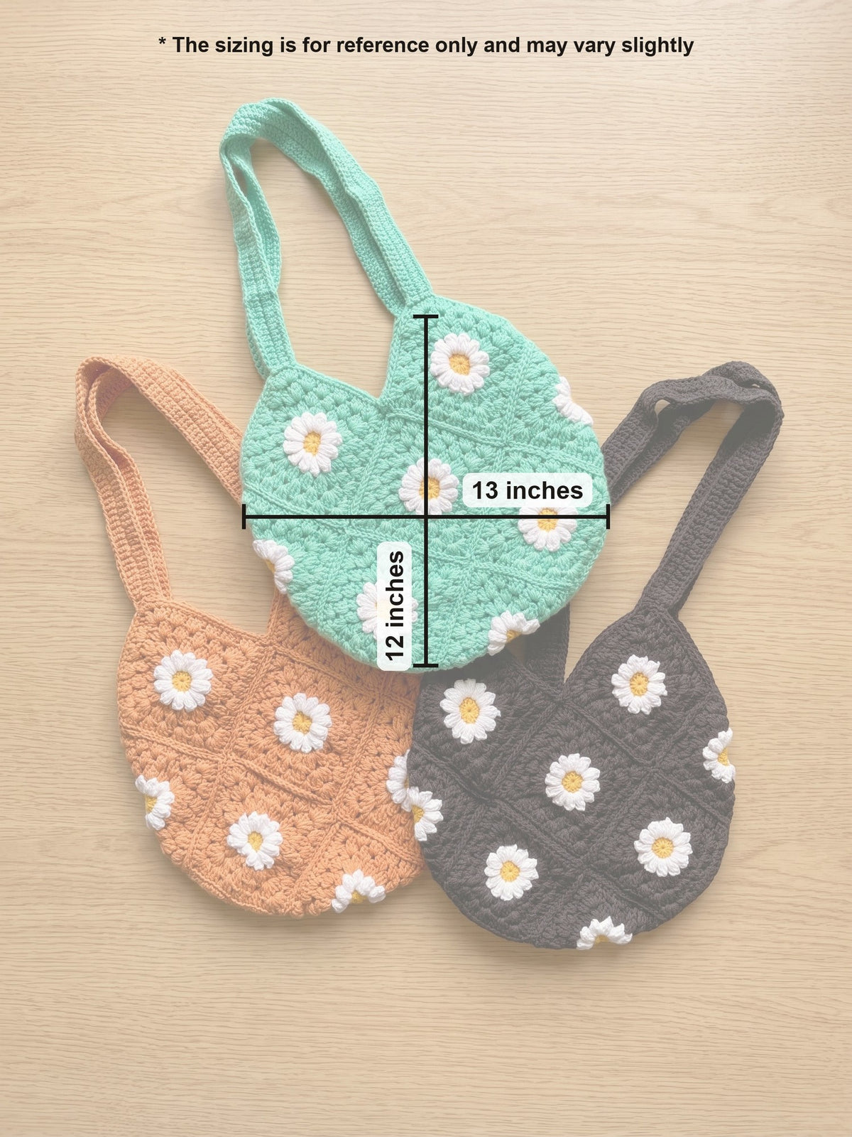 Macramé Daisy Tote Daisy Chain Gang by Looped Little Things, size guide