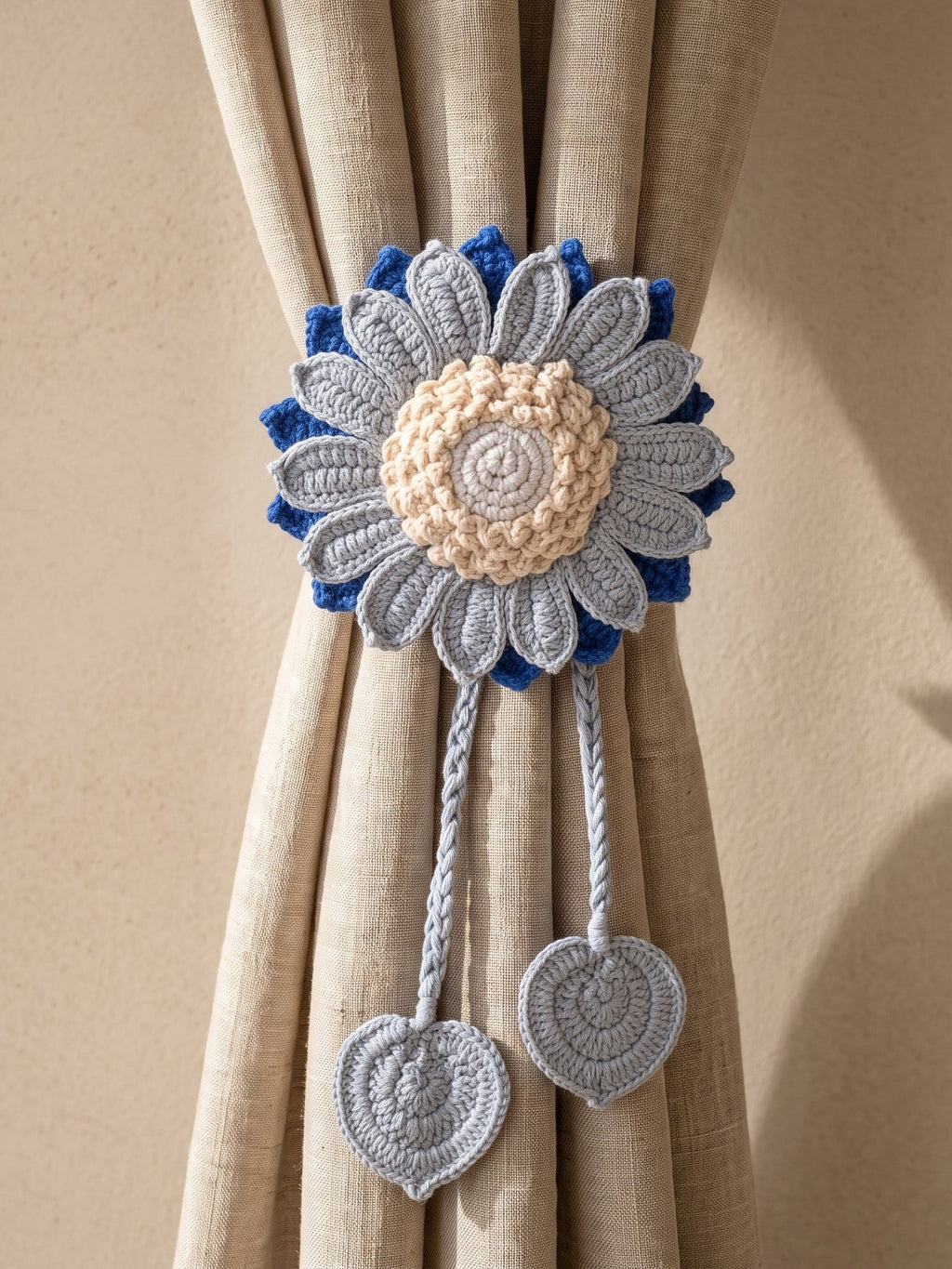 Macramé Curtain Tie Feeling Blue-tiful by Looped Little Things, close-up