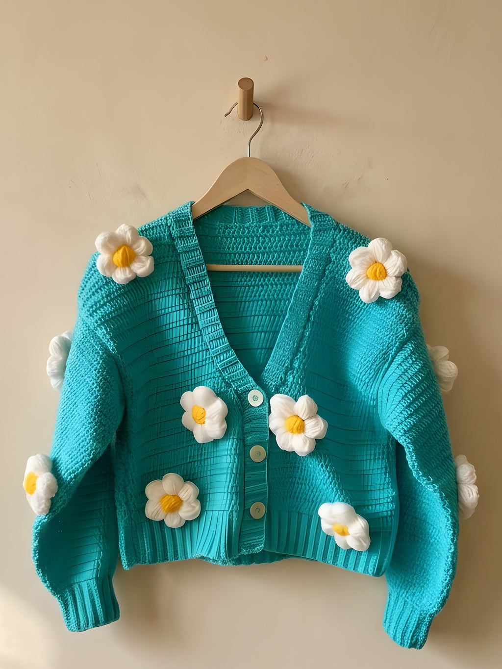 Puff Flower Cardigan 'Flower Child' by Looped Little Things, close-up