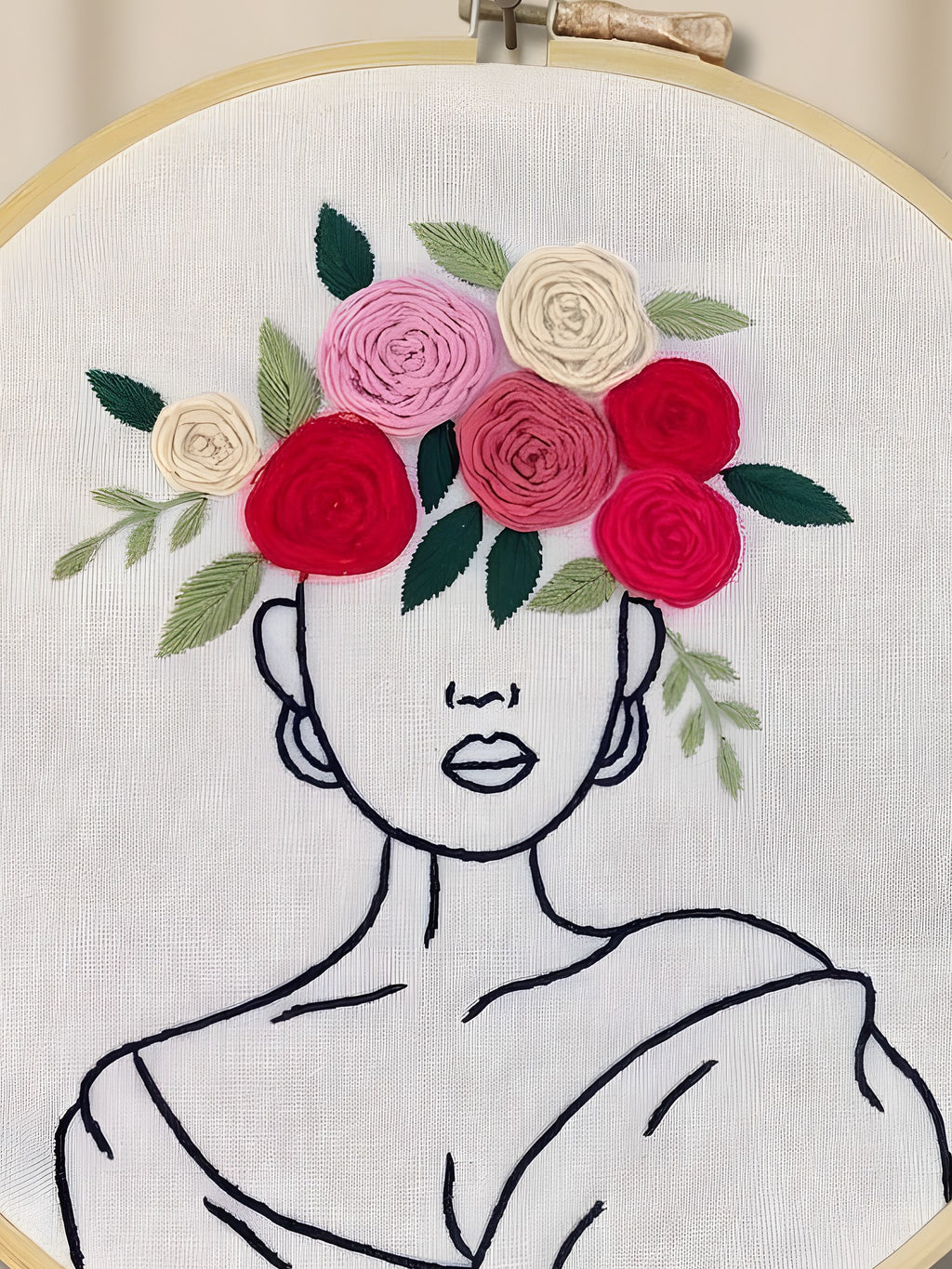 Embroidery Hoop 'Flower Crown Queen' by Looped Little Things, close-up
