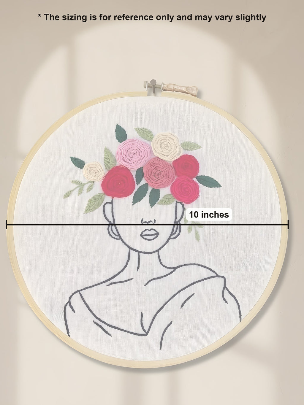 Embroidery Hoop 'Flower Crown Queen' by Looped Little Things, size guide