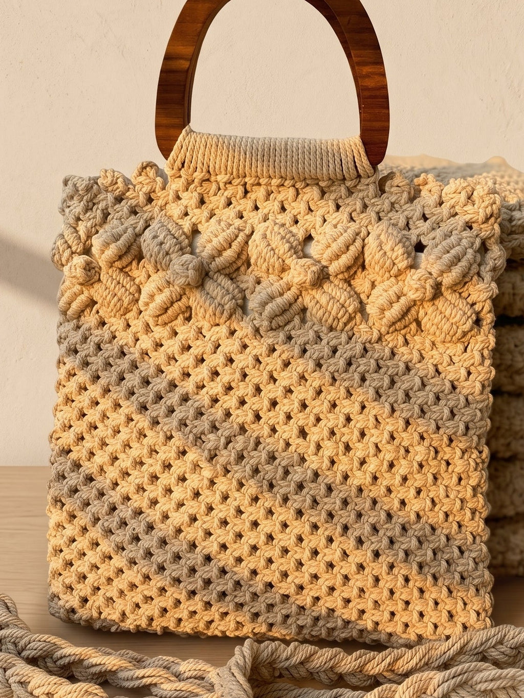 Macramé Baguette Bag Flower Power by Looped Little Things, close-up
