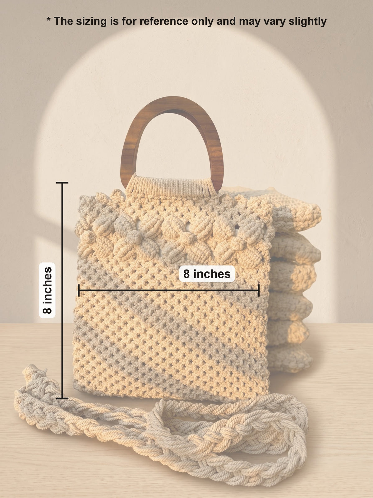 Macramé Baguette Bag 'Flower Power' by Looped Little Things, size guide