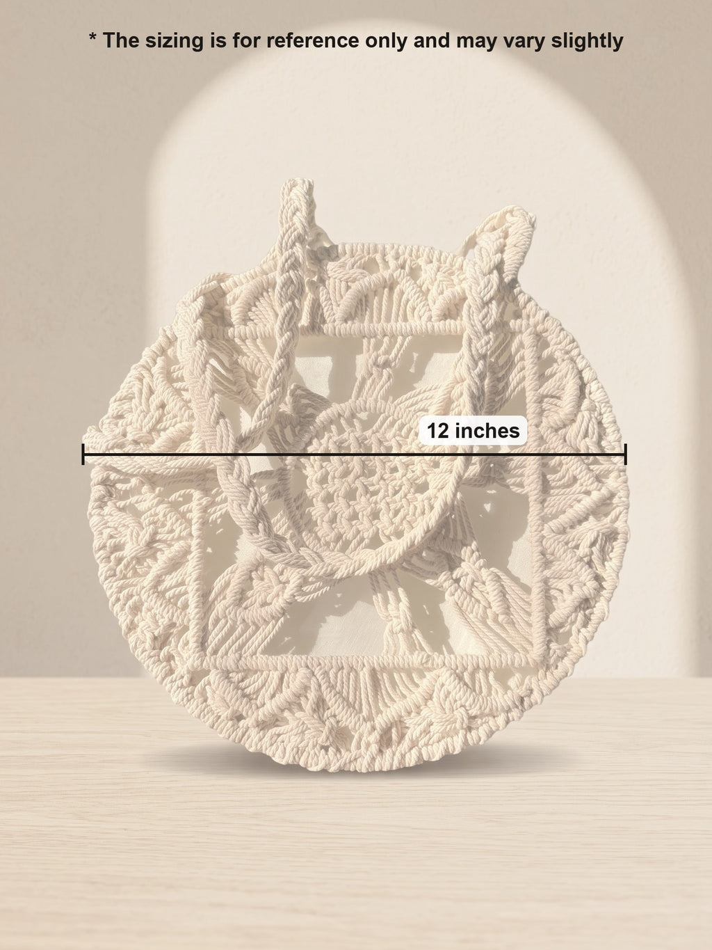Macramé Round Tote Full Circle by Looped Little Things, size guide