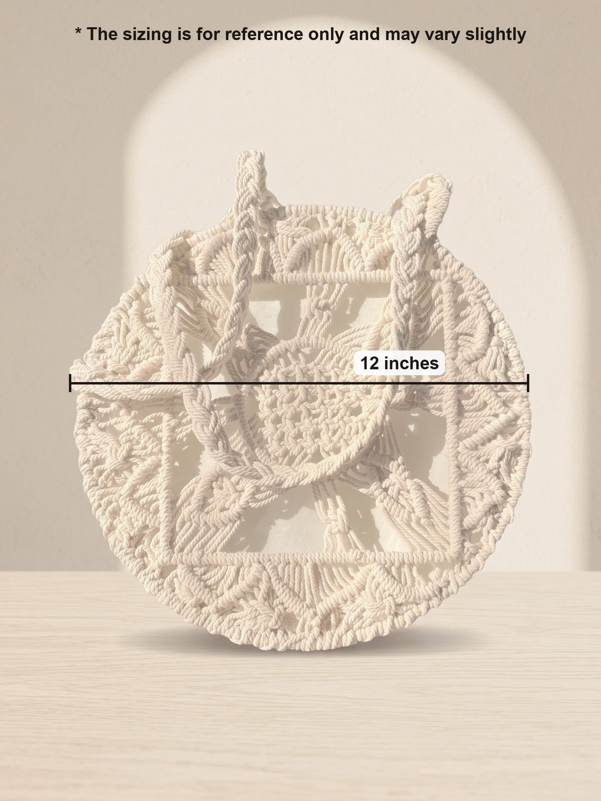 Macramé Round Tote Full Circle by Looped Little Things, size guide