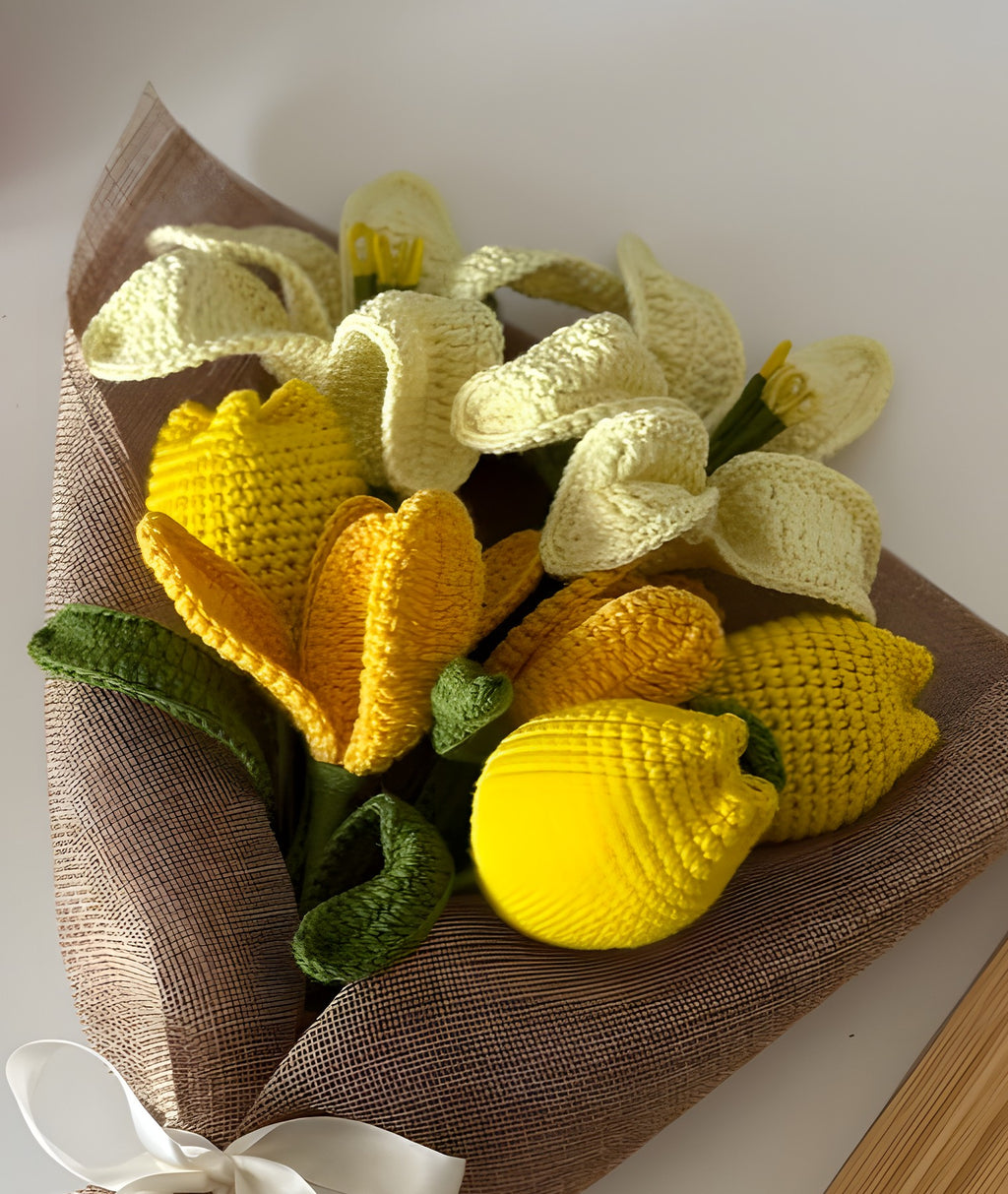 Crochet White Calla Lily & Yellow Tulip Bouquet 'Golden Hour' by Looped Little Things, close-up