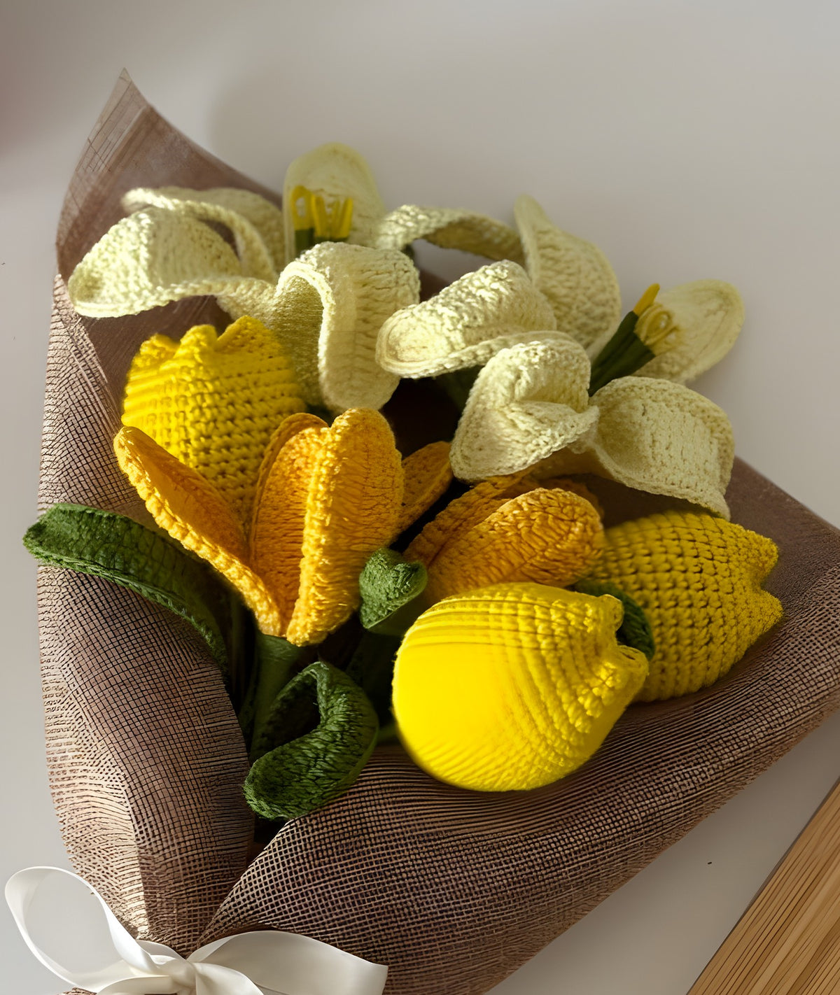 Crochet White Calla Lily & Yellow Tulip Bouquet 'Golden Hour' by Looped Little Things, close-up