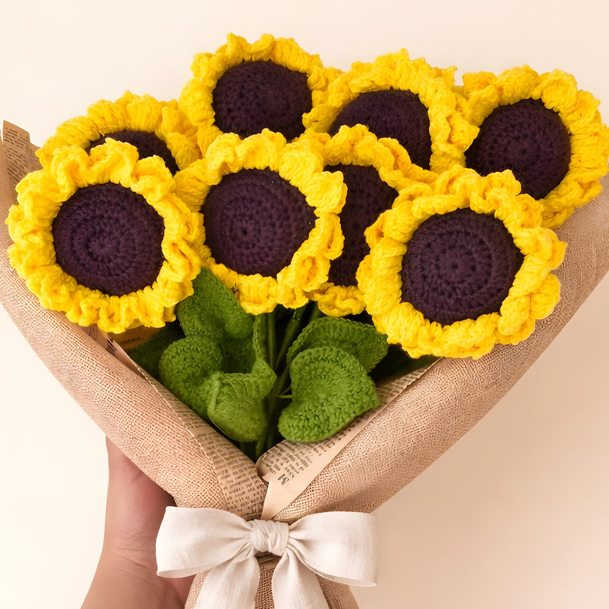 Crochet Sunflower Bouquet 'Golden Ray' by Looped Little Things, close-up