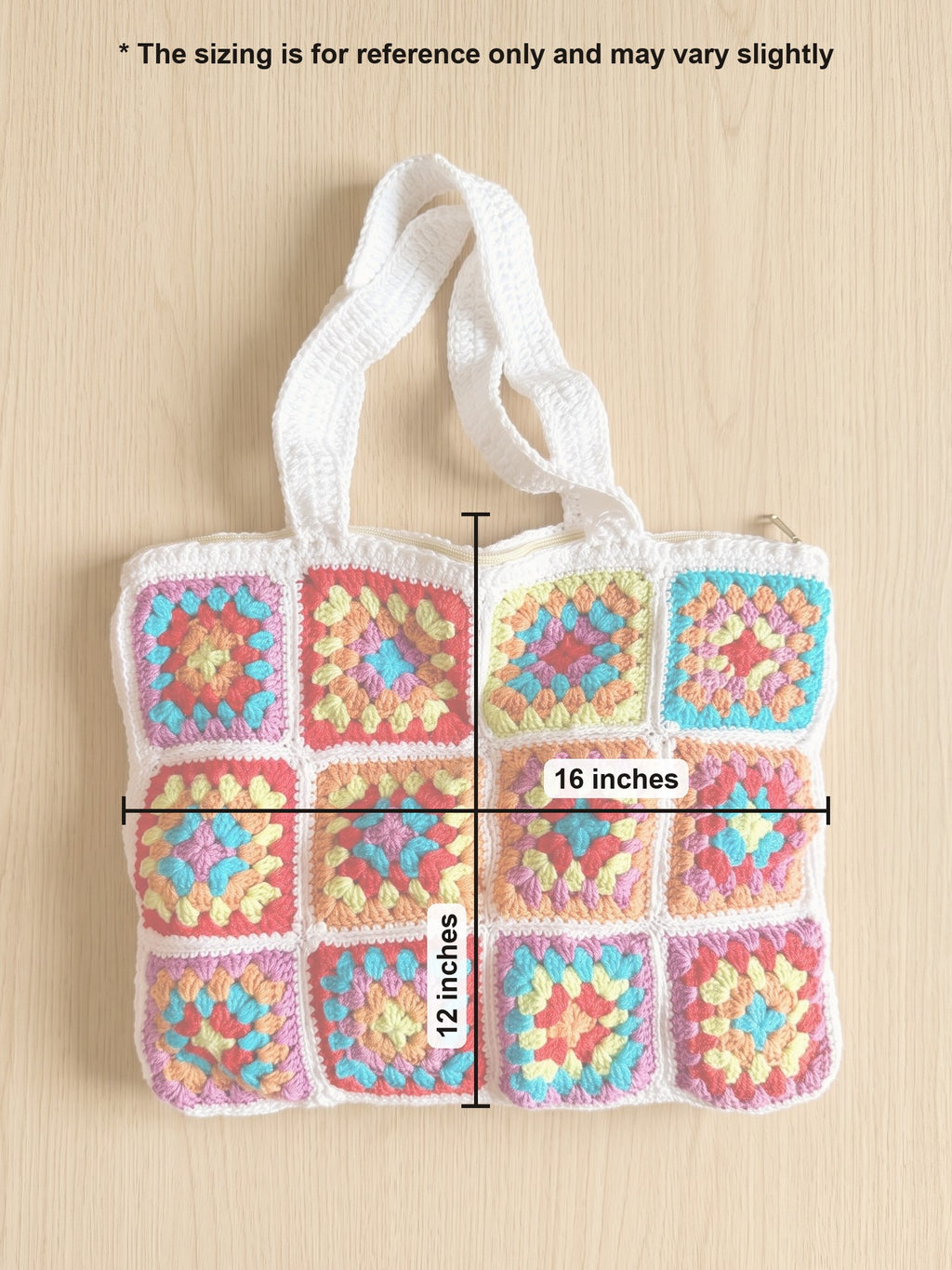 Macramé Granny Square Tote Granny Got Swag by Looped Little Things, size guide