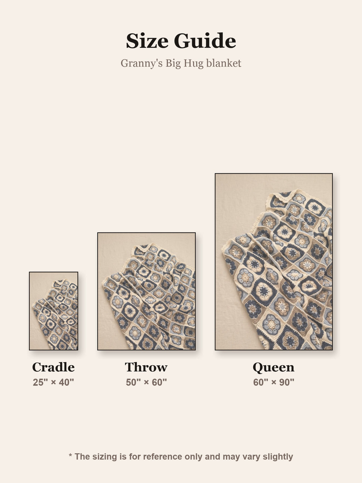 Macramé Granny Square Blanket 'Granny's Big Hug' by Looped Little Things, size guide