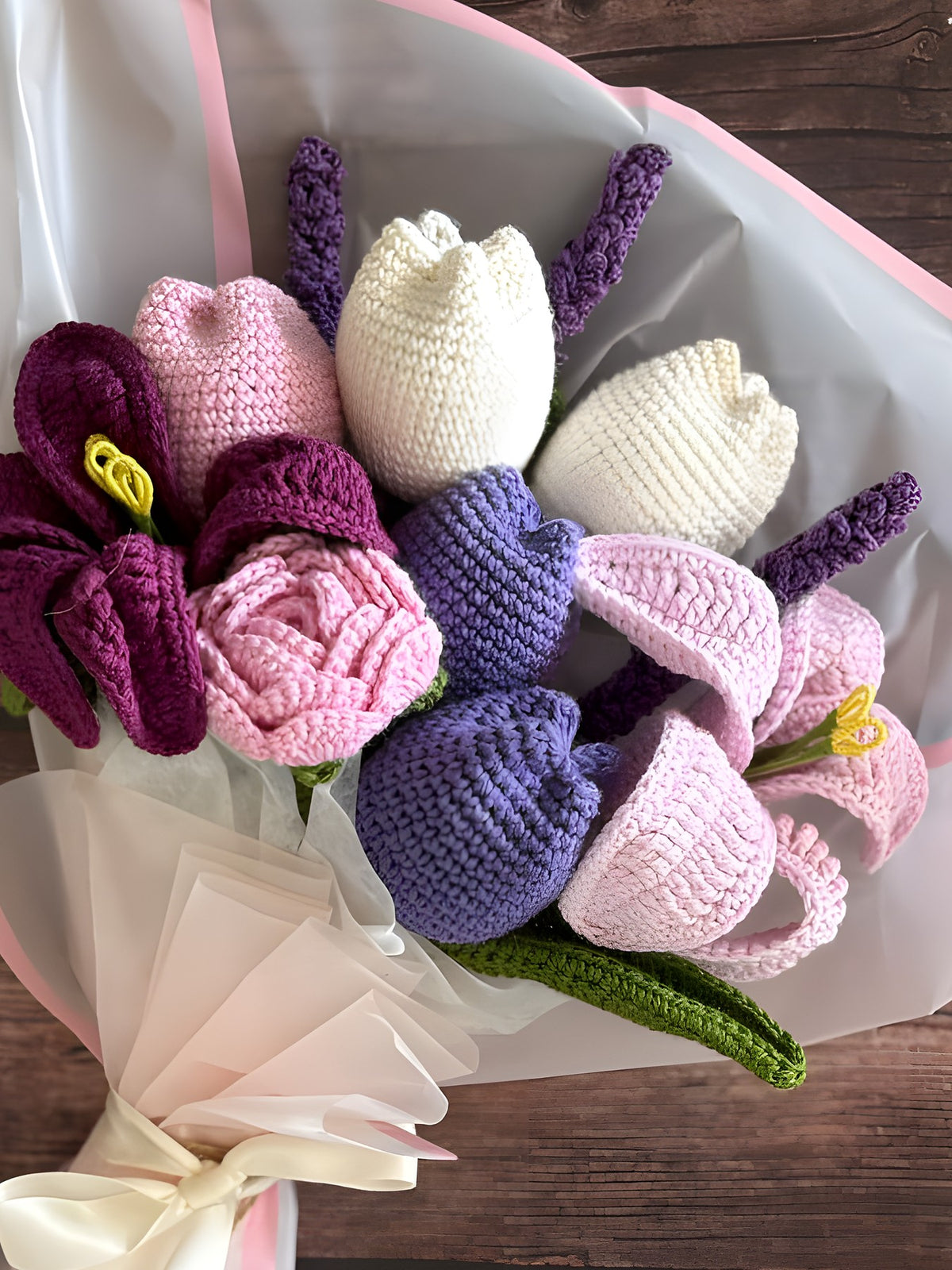 Crochet Purple, Pink & White Mixed Floral Bouquet 'Grape Expectations' by Looped Little Things, close-up