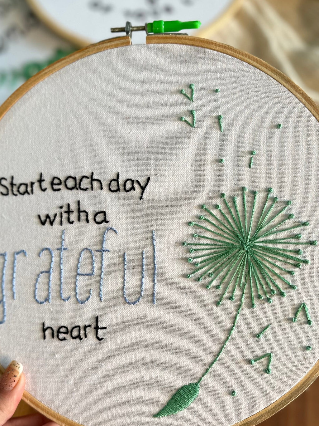 Embroidery Hoop Grateful Stitches by Looped Little Things, close-up