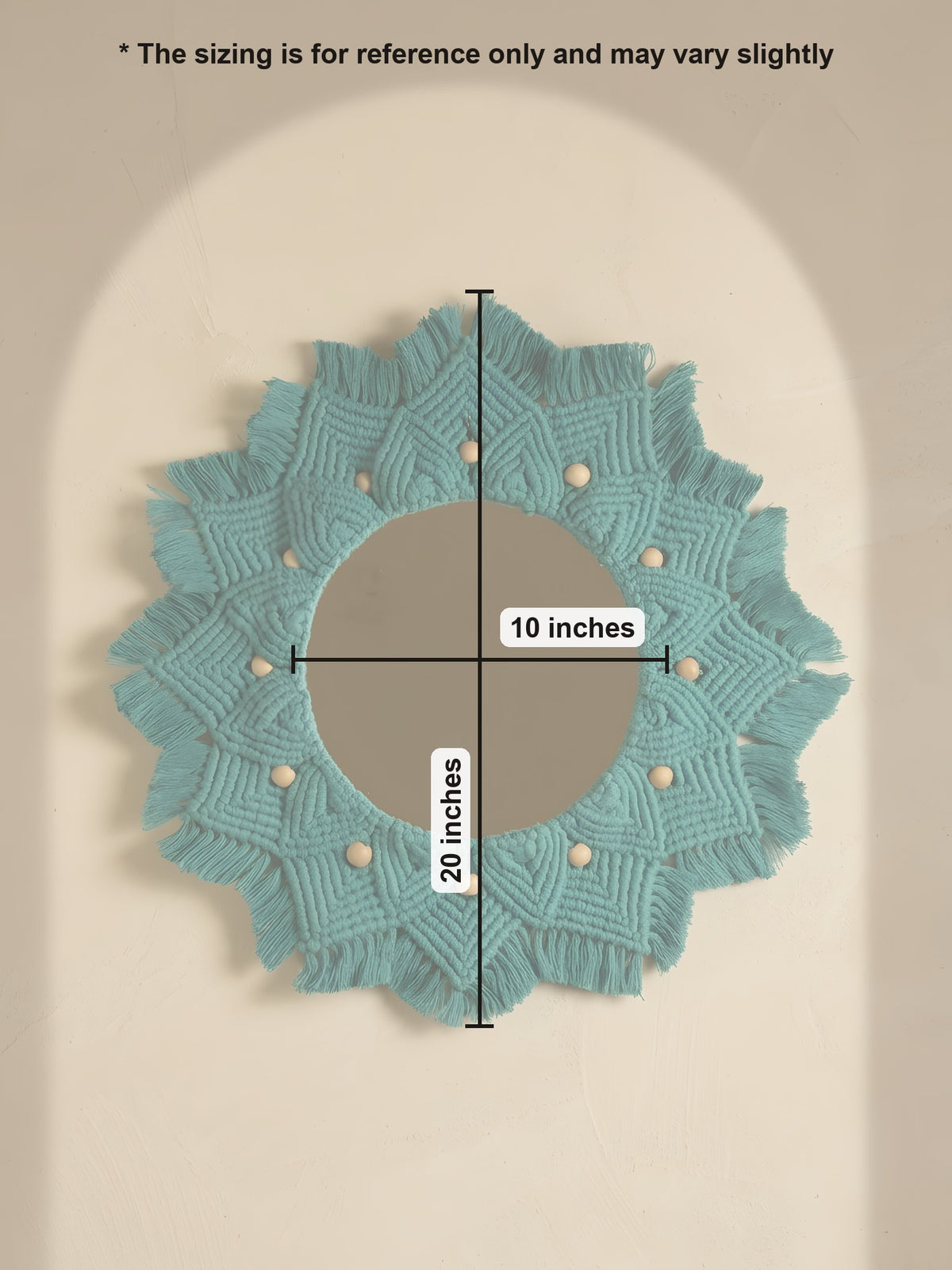 Macramé Mirror 'Green with Envy' by Looped Little Things, size guide