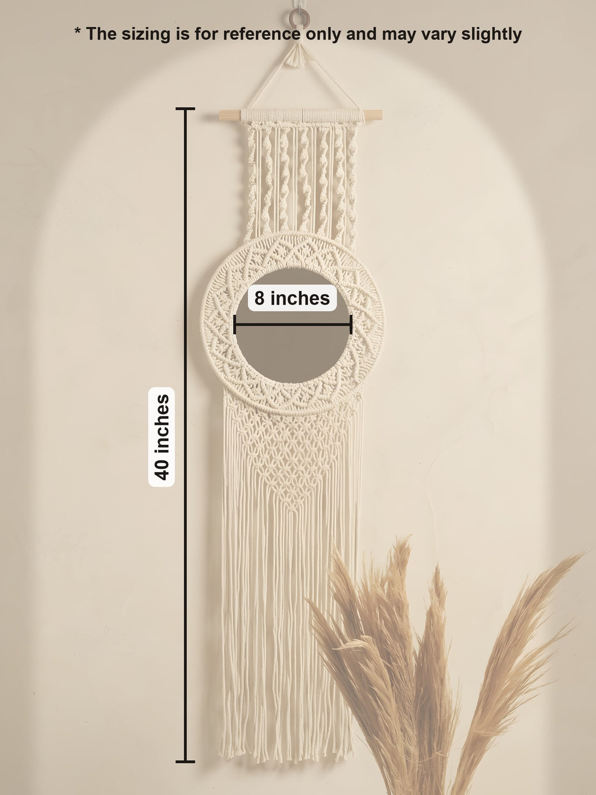 Macramé Mirror 'Head in the Clouds' by Looped Little Things, size guide
