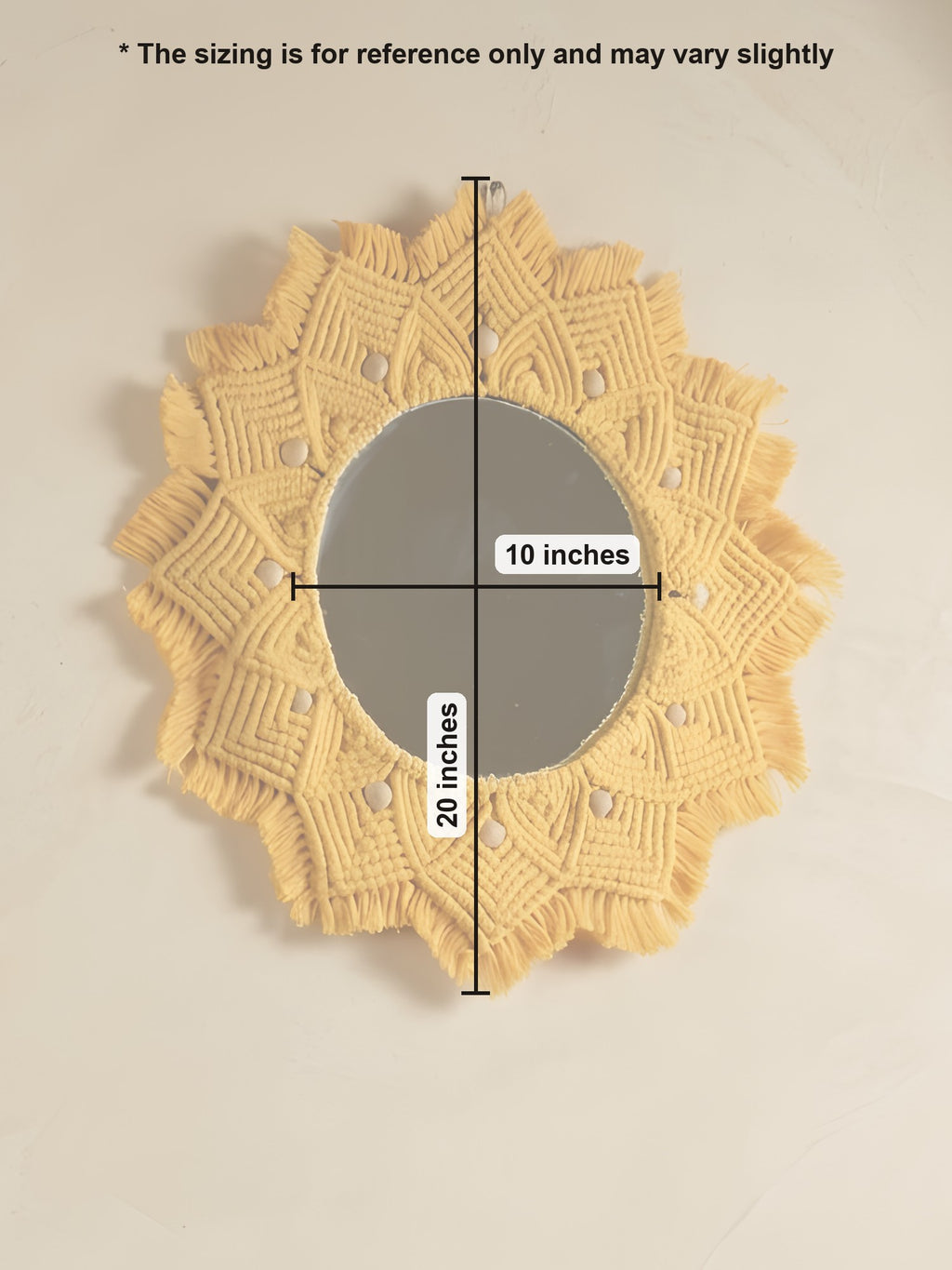 Macramé Mirror 'Hello Sunshine' by Looped Little Things, size guide