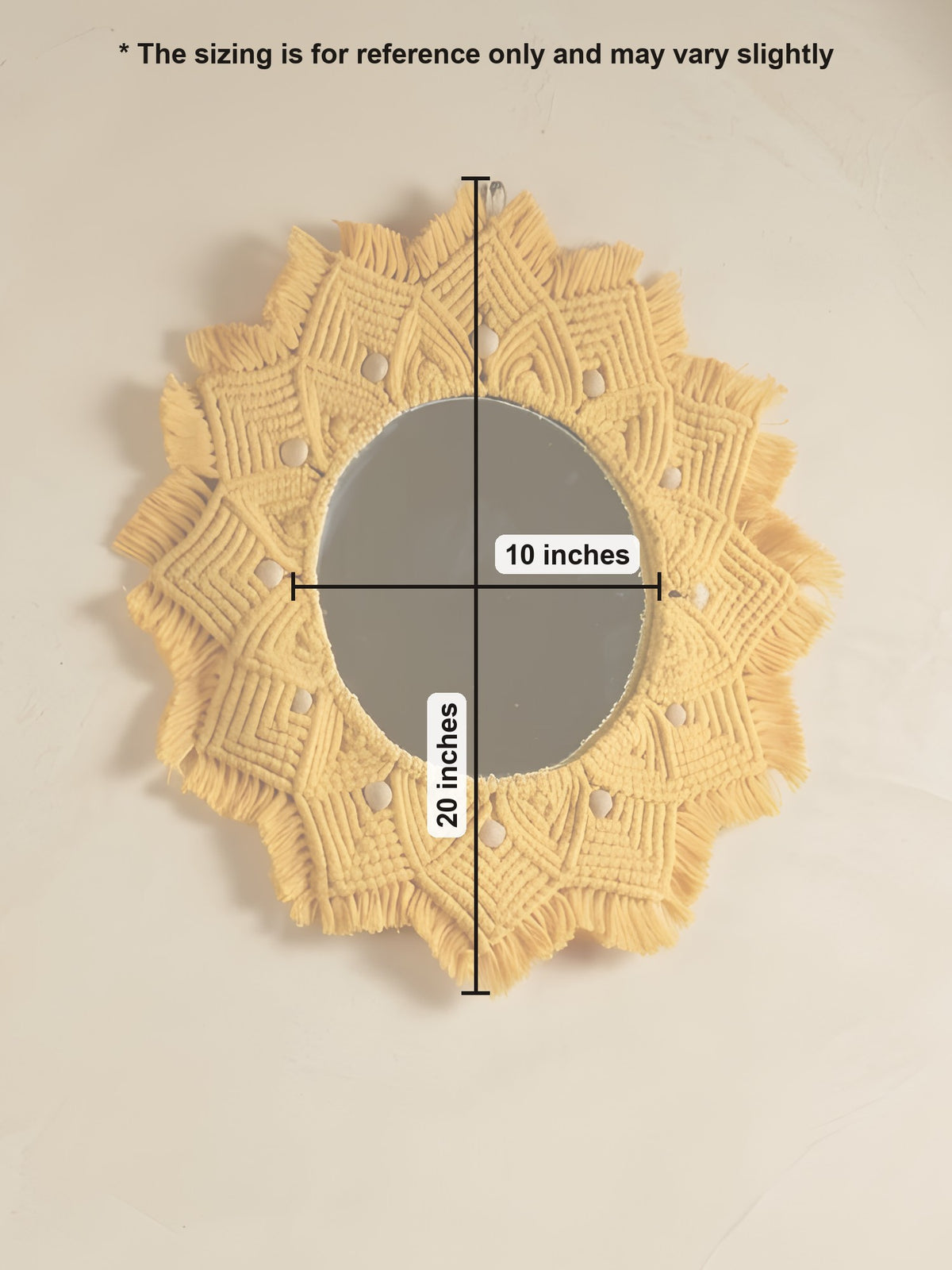 Macramé Mirror 'Hello Sunshine' by Looped Little Things, size guide