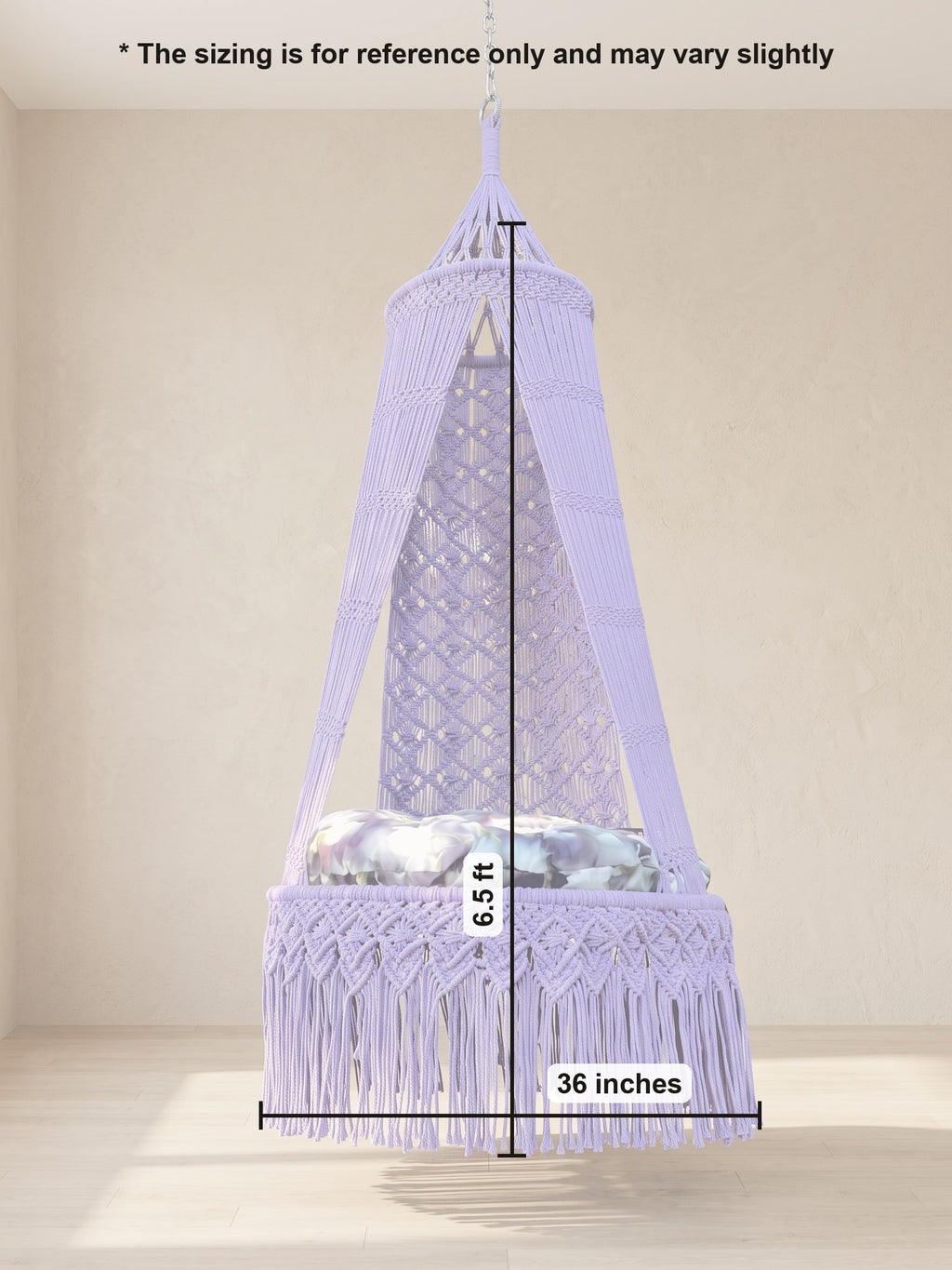 Macramé Hanging Swing Lavender Lullaby by Looped Little Things, size guide