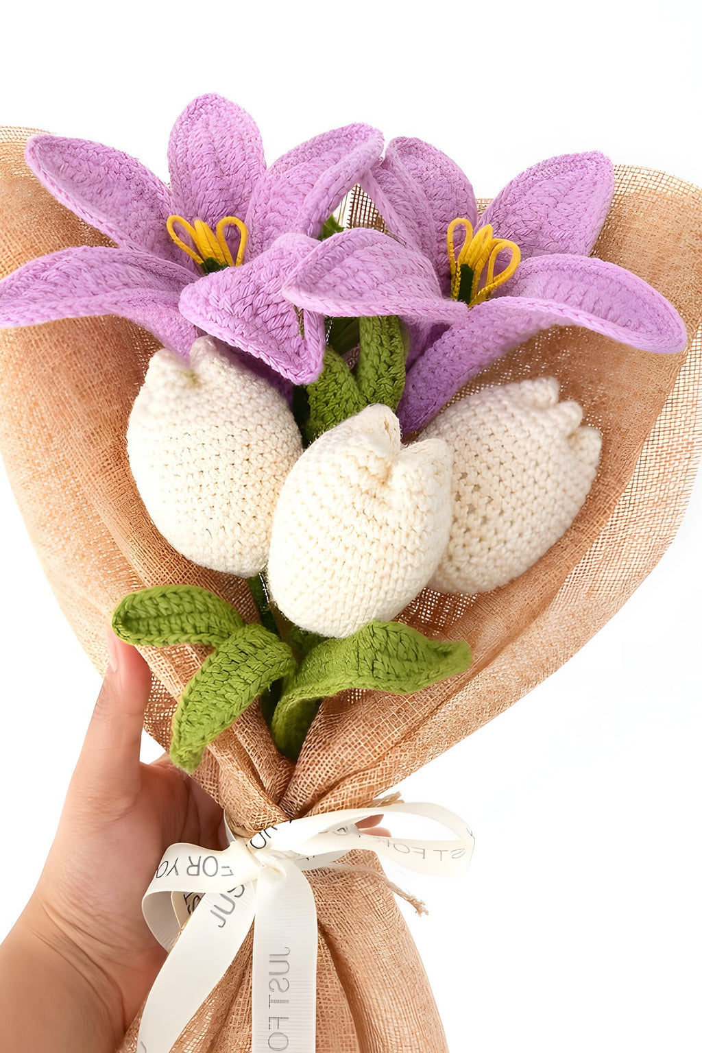 Crochet Purple Lily & White Tulip Bouquet 'Lilac & Easy' by Looped Little Things, close-up