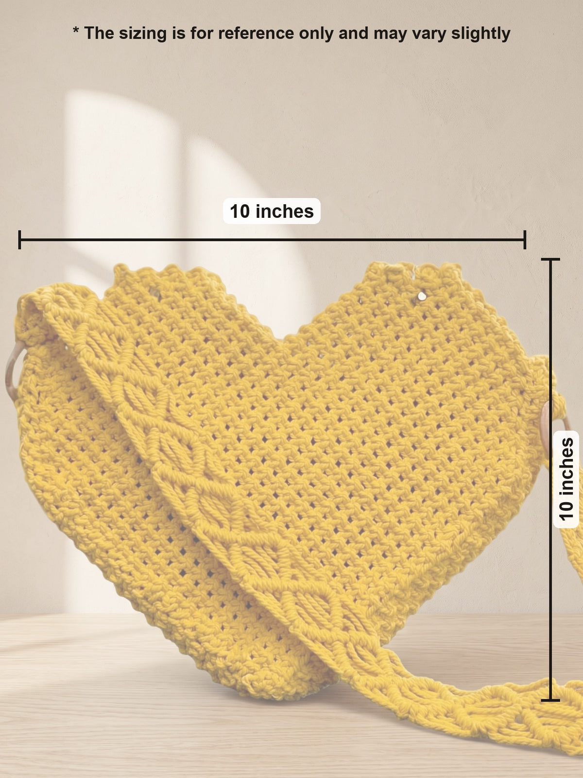Macramé Heart Bag 'Love at First Knot' by Looped Little Things, size guide