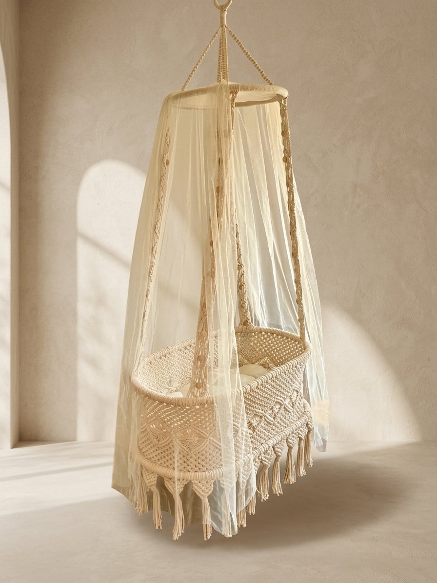 Macramé Hanging Crib 'Rock-a-Bye Nest' by Looped Little Things