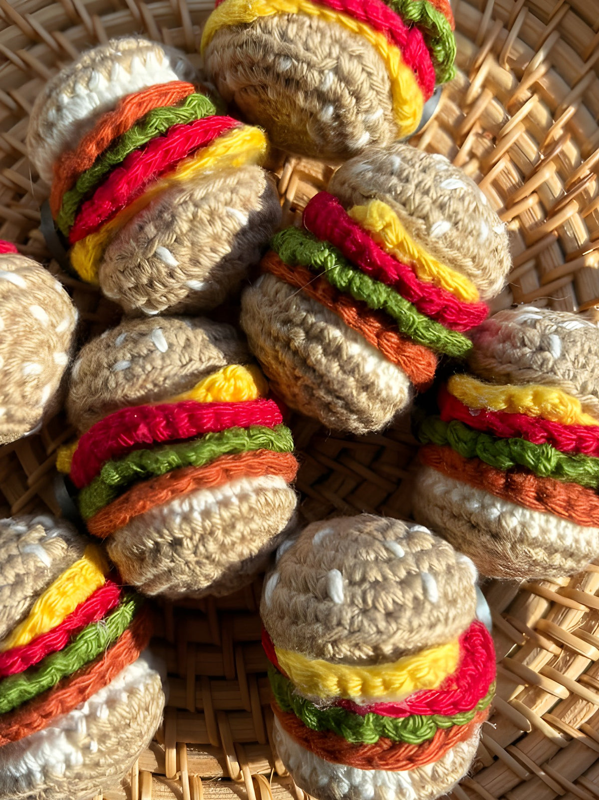 Crochet Burger Fridge Magnet 'Medium Rare' by Looped Little Things, close-up
