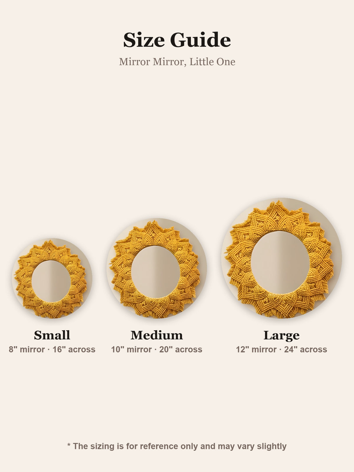 Mandala Mirror 'Mirror Mirror, Little One' by Looped Little Things, size guide