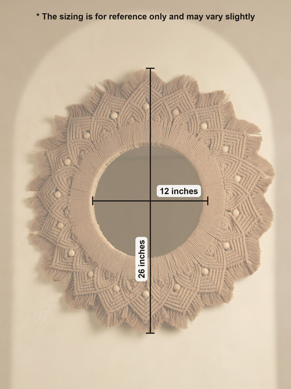 Macramé Mirror 'Nuts About You' by Looped Little Things, size guide
