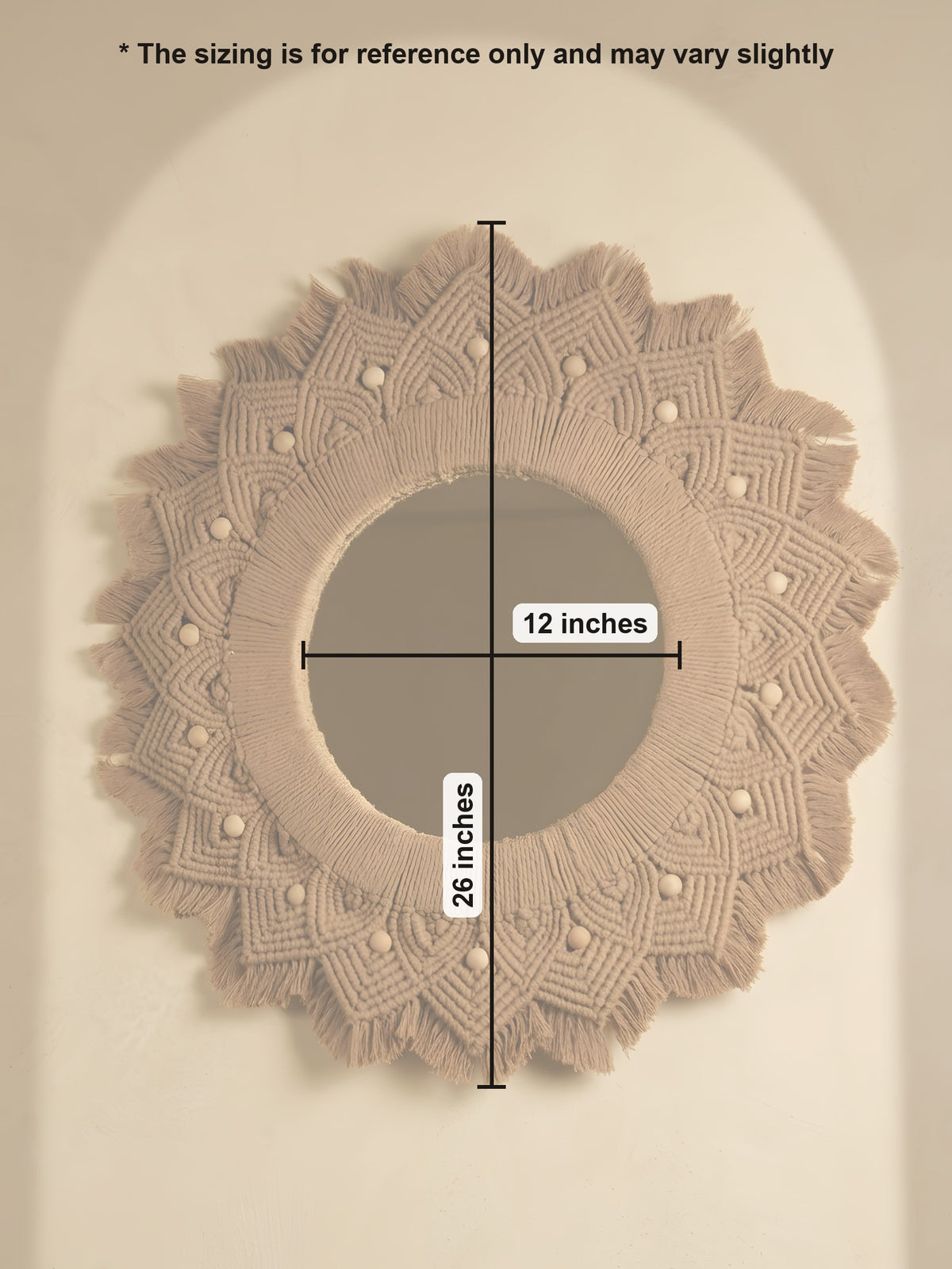 Macramé Mirror 'Nuts About You' by Looped Little Things, size guide
