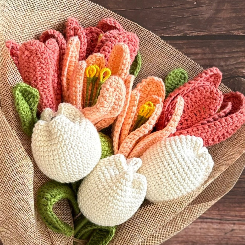 Crochet Coral, Peach & White Tulip Bouquet 'Peachy Keen' by Looped Little Things, close-up