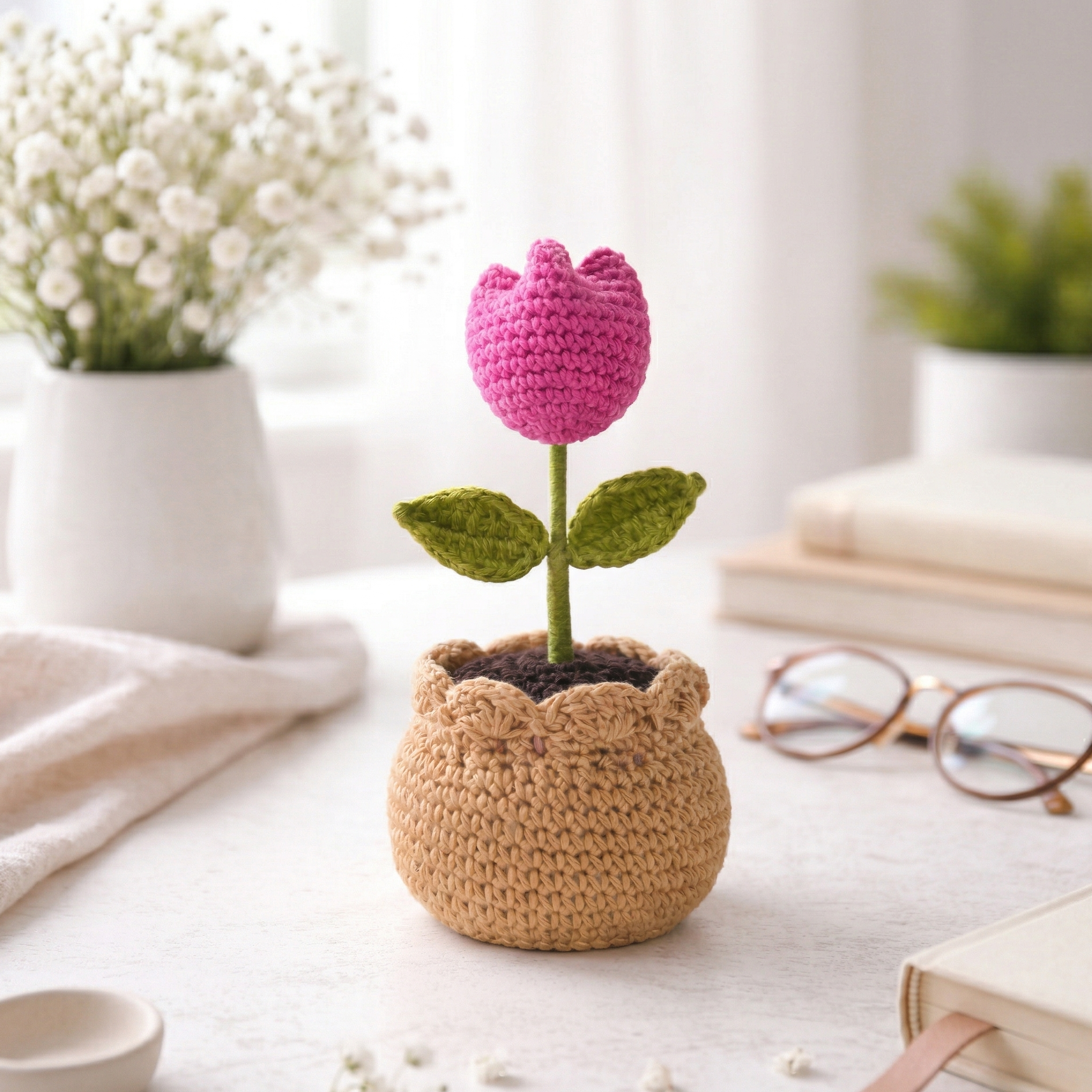 Crochet Pink Tulip in Pot