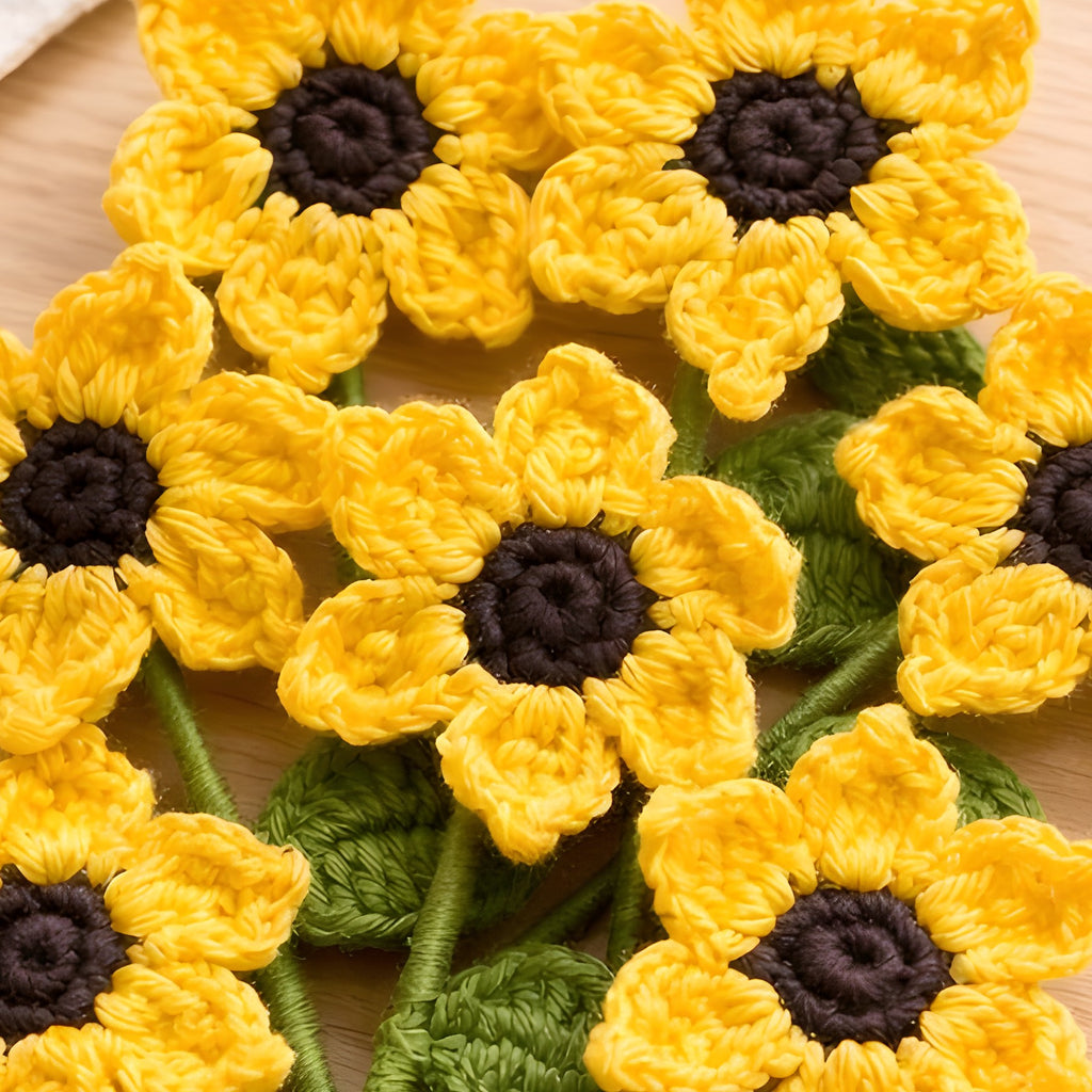 Crochet Sunflower Fridge Magnet 'Pocket Full of Sunshine' by Looped Little Things, close-up