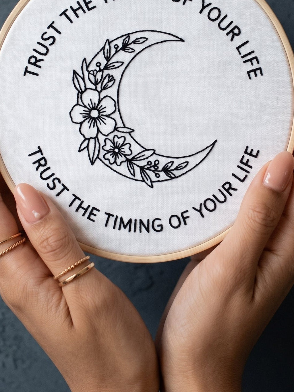 Embroidery Hoop Right on Time by Looped Little Things, close-up