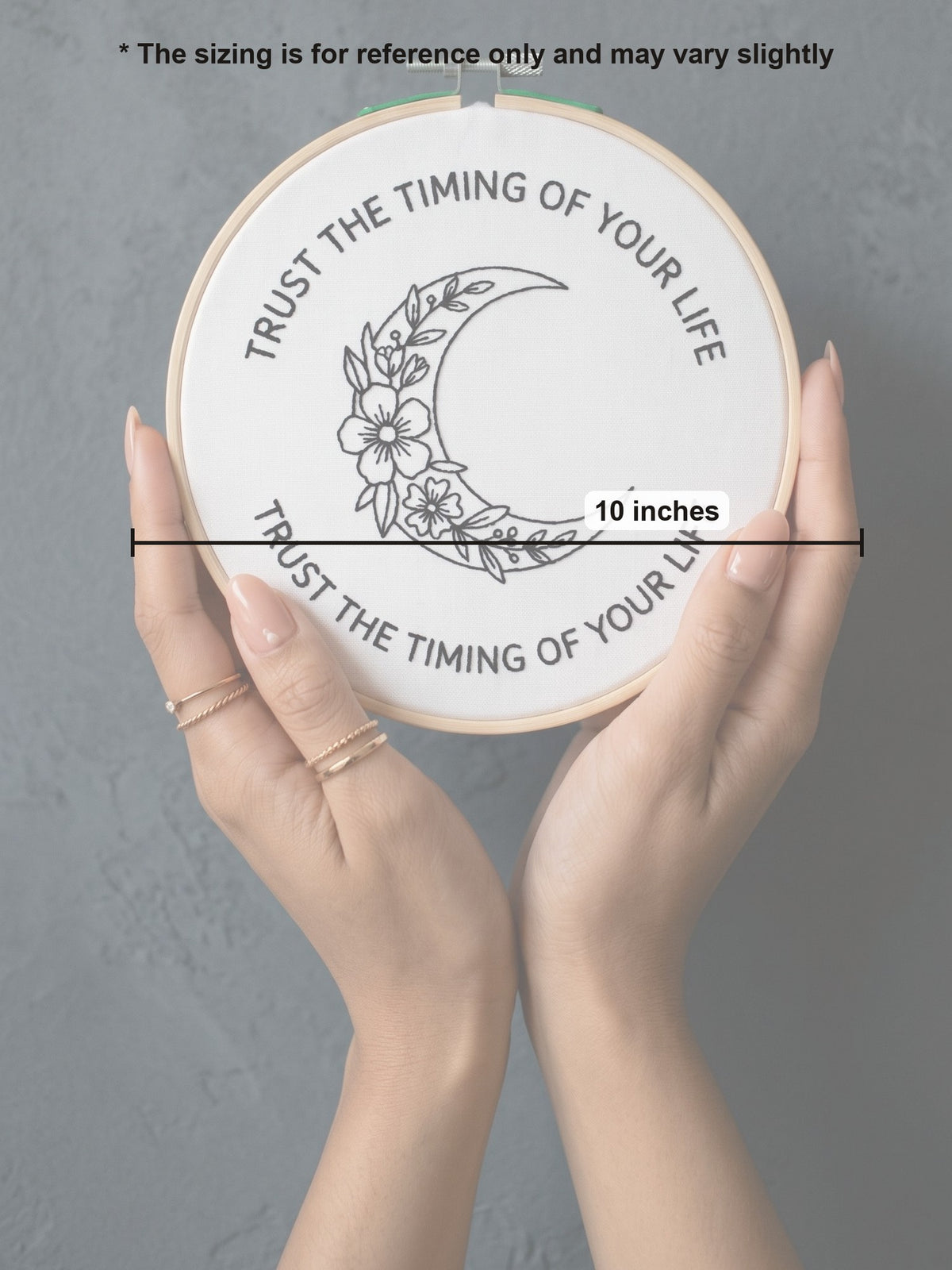 Embroidery Hoop Right on Time by Looped Little Things, size guide