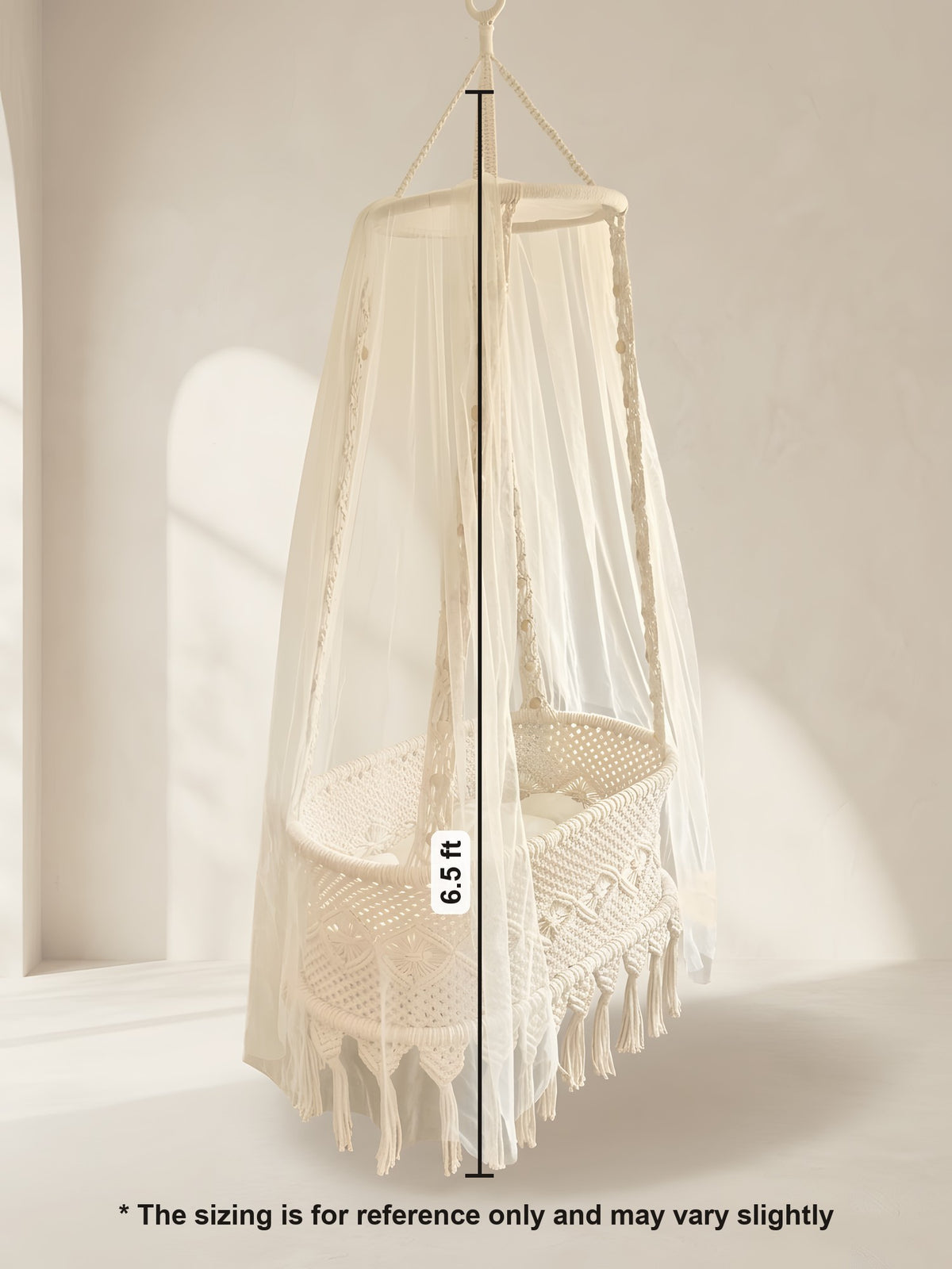 Macramé Hanging Crib 'Rock-a-Bye Nest' by Looped Little Things, size guide