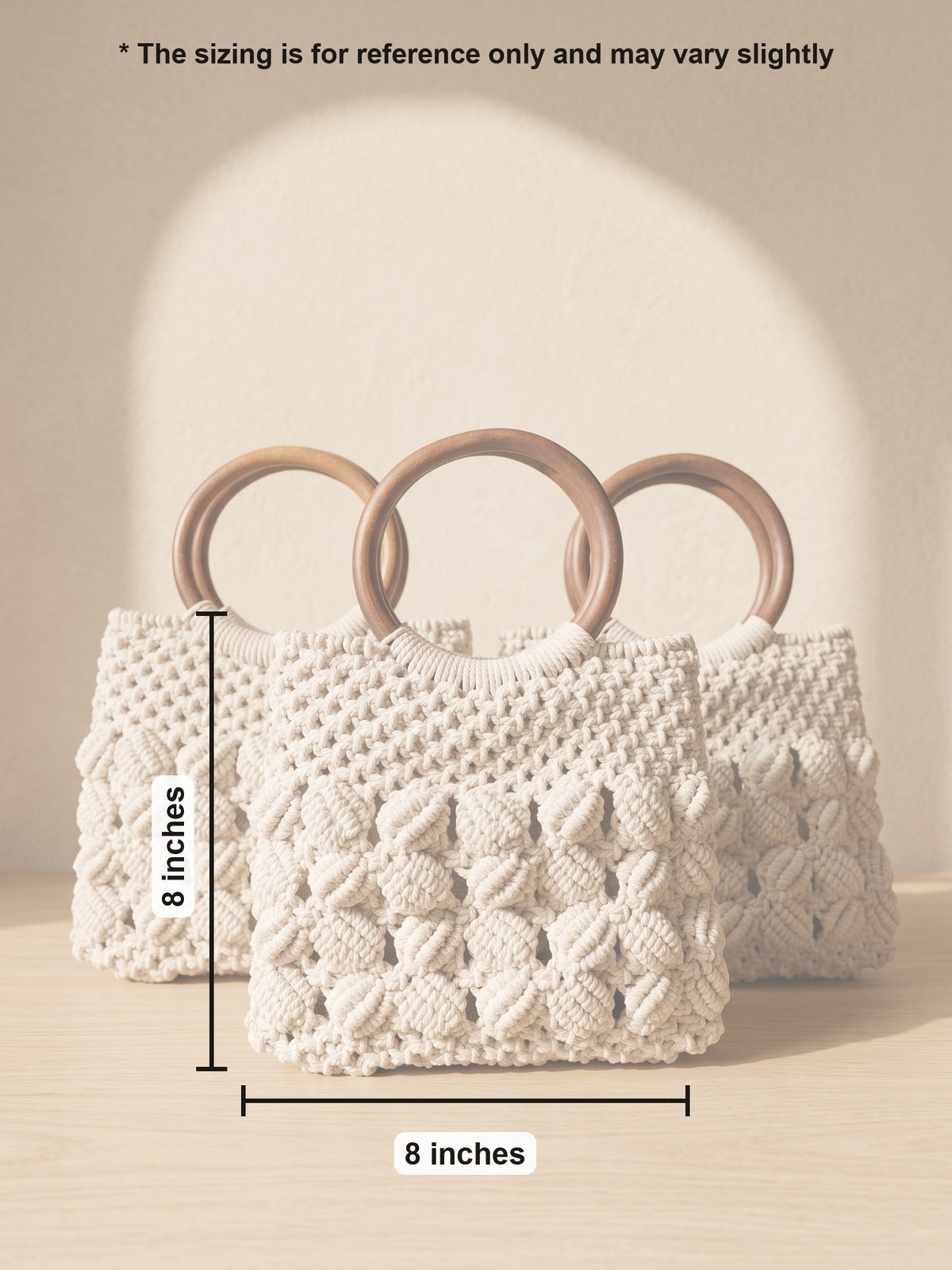 Macramé Baguette Bag 'Sleek & Chic' by Looped Little Things, size guide