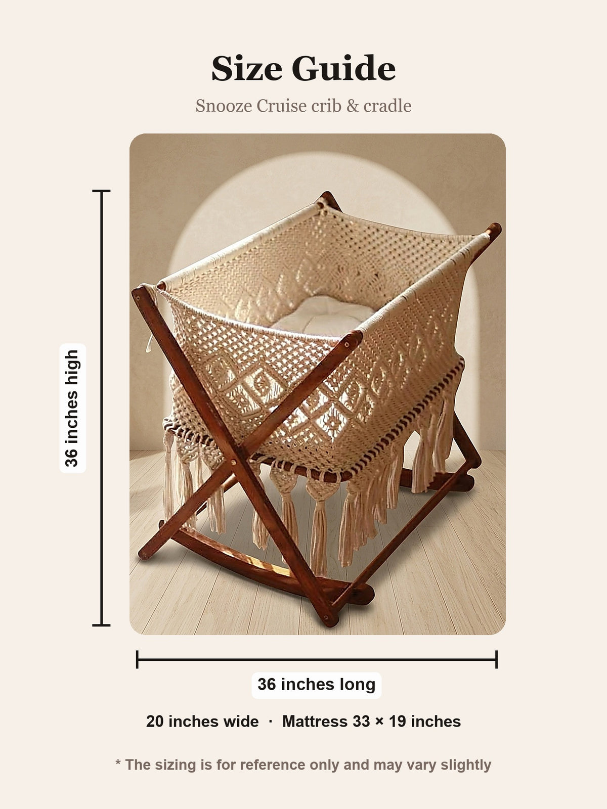 Macramé Crib & Cradle 'Snooze Cruise' by Looped Little Things, size guide