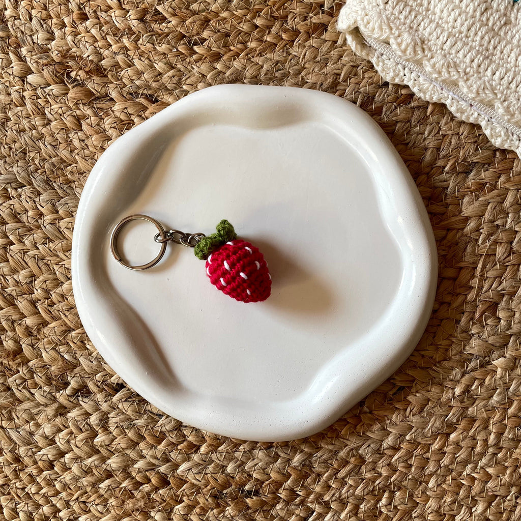 Crochet strawberry keychain, handmade amigurumi bag charm by Looped Little Things