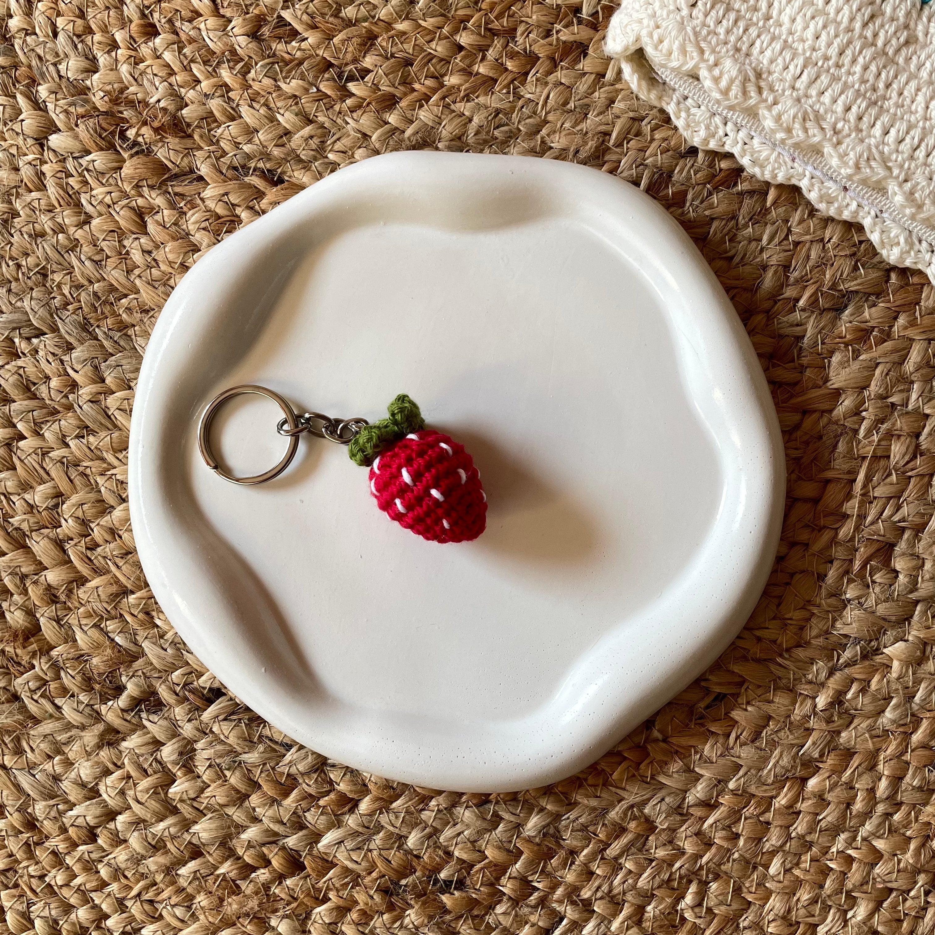 Crochet strawberry keychain, handmade amigurumi bag charm by Looped Little Things