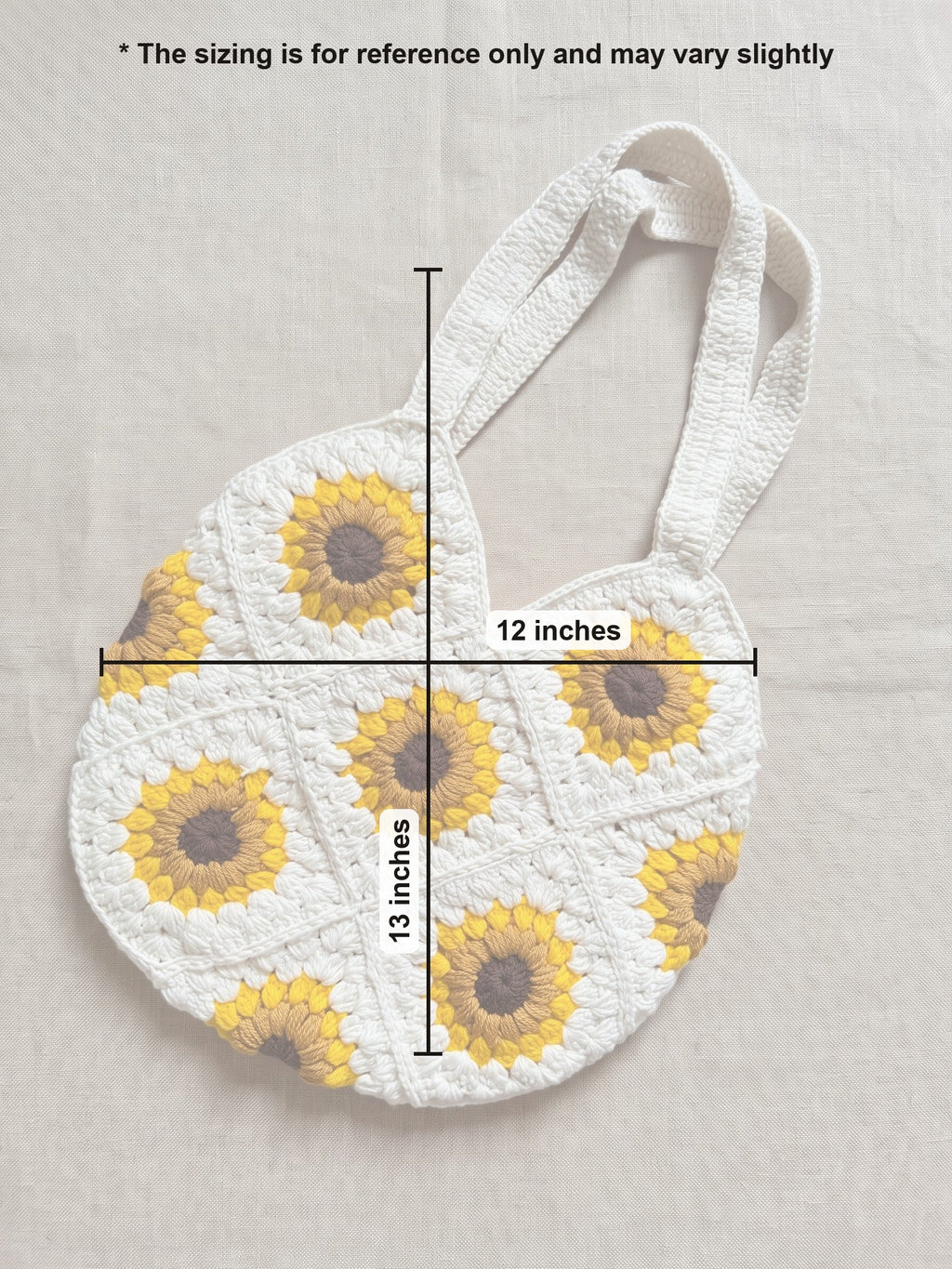 Macramé Sunflower Tote Sunflower Power by Looped Little Things, size guide