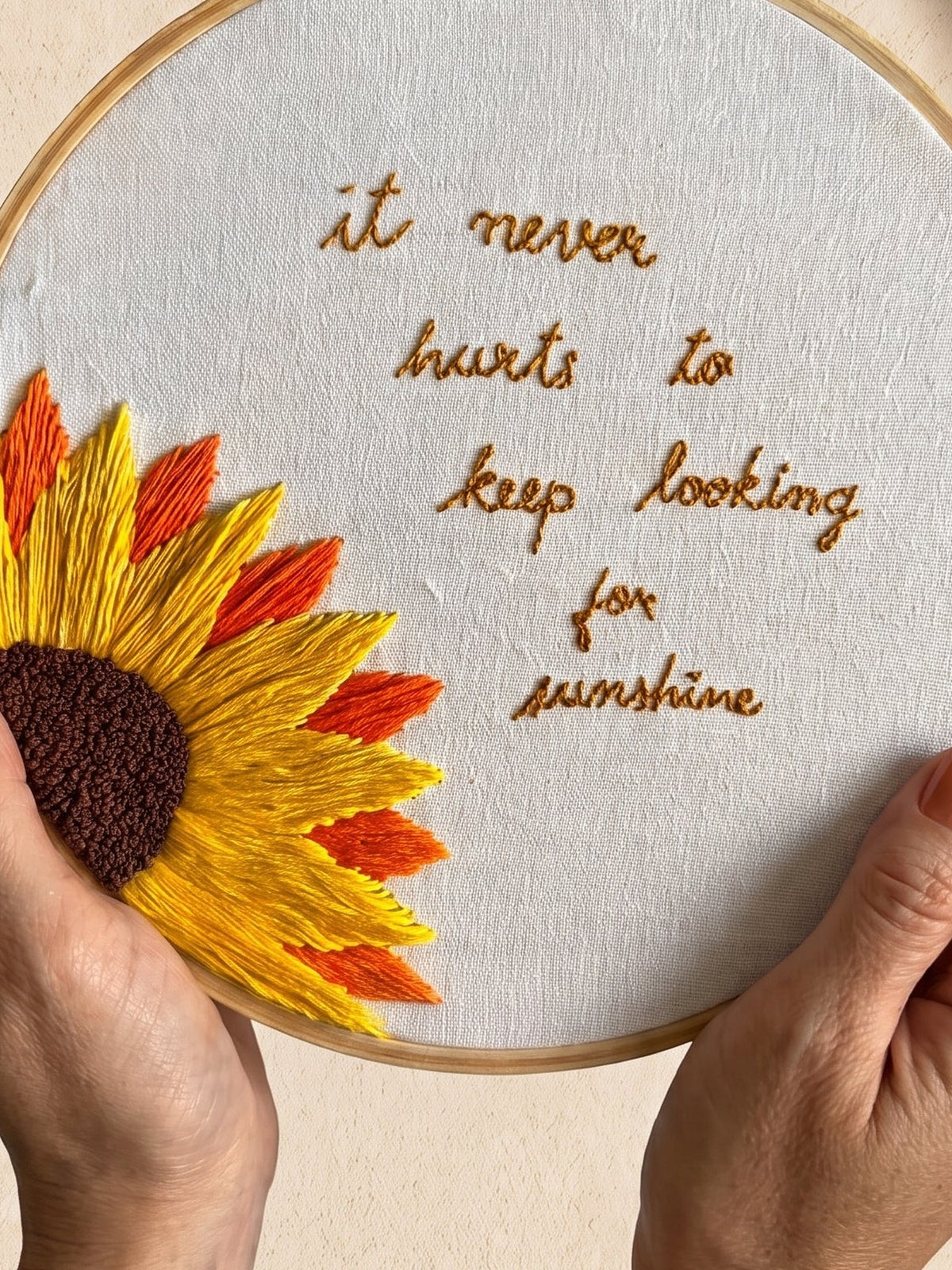 Embroidery Hoop Sunshine Seeker by Looped Little Things, close-up
