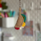 Crochet taco keychain lifestyle shot, handmade in Toronto