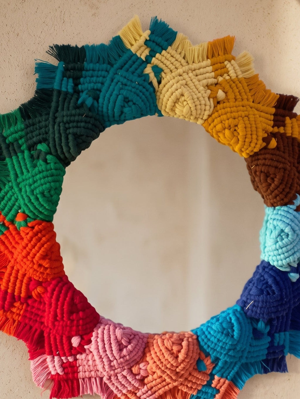 Macramé Mandala Mirror Thirteen Shades of Happy by Looped Little Things, close-up