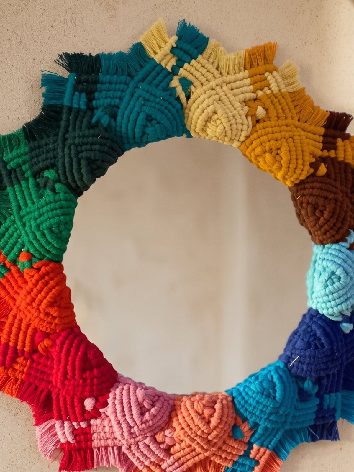 Macramé Mandala Mirror Thirteen Shades of Happy by Looped Little Things, close-up