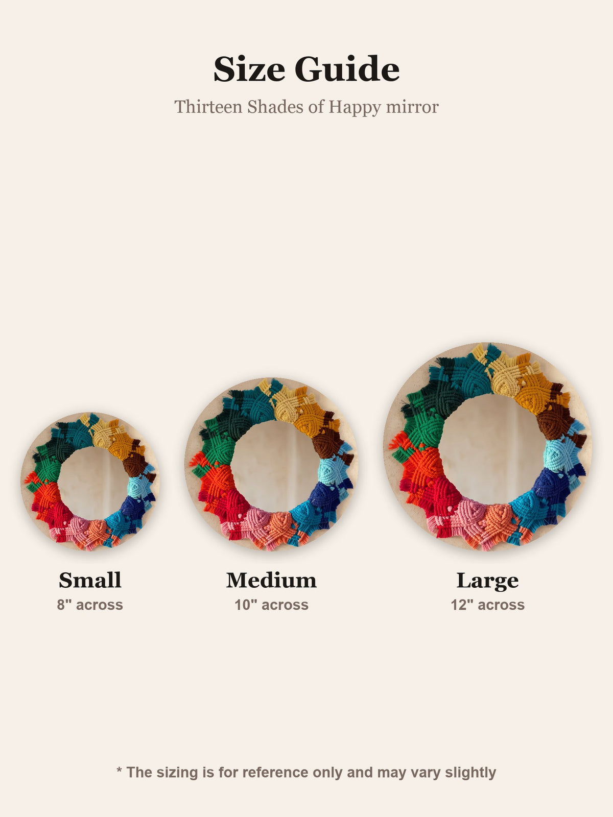 Macramé Mandala Mirror 'Thirteen Shades of Happy' by Looped Little Things, size guide