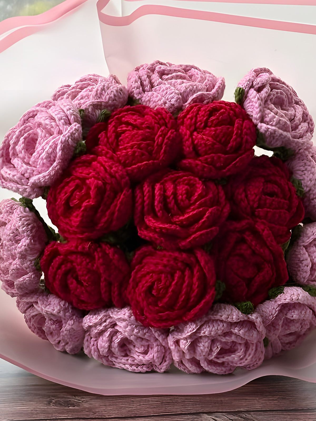 Crochet Pink & Red Rose Bouquet 'Tickled Pink' by Looped Little Things, close-up