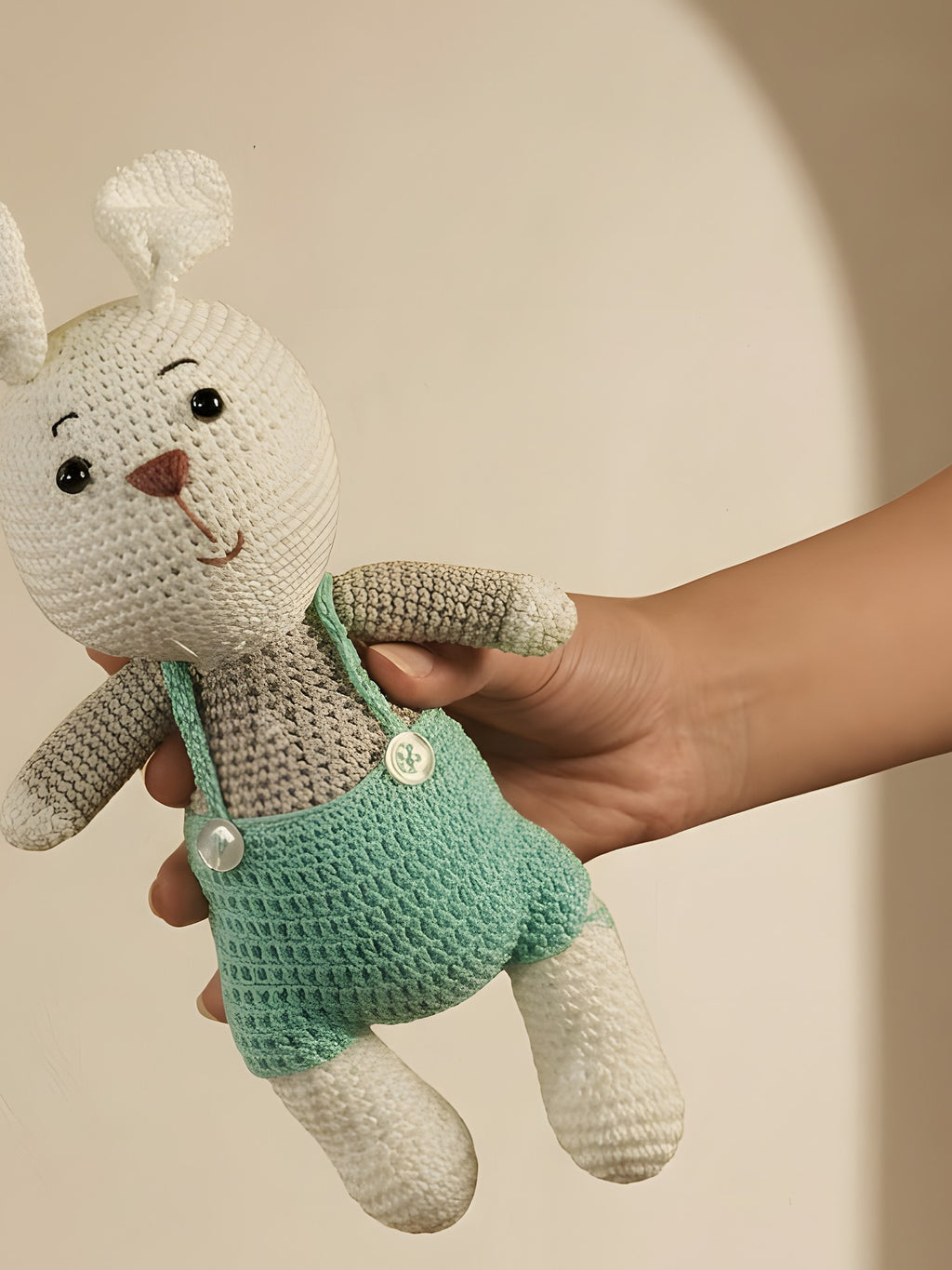 Macramé Bunny 'Toby Hops' by Looped Little Things, close-up
