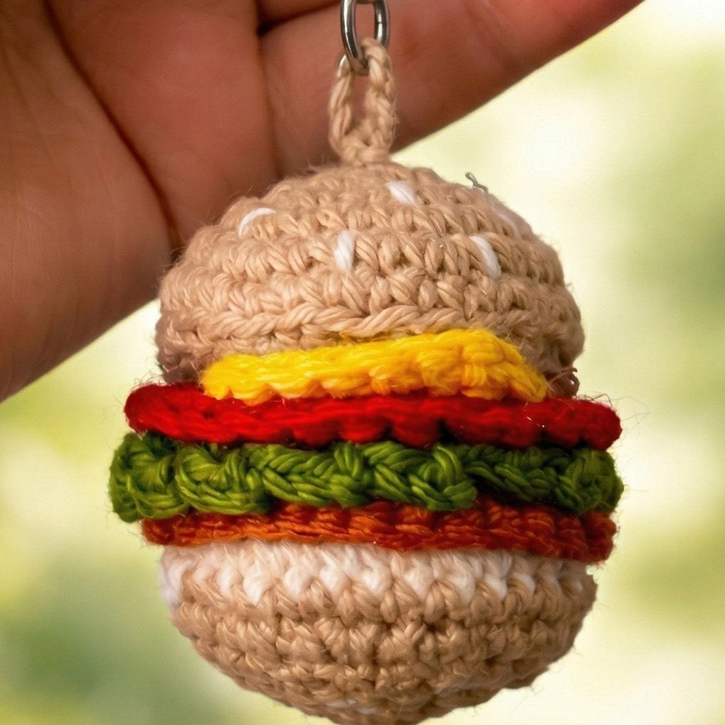 Crochet Burger Keychain 'Well-Done' by Looped Little Things, close-up